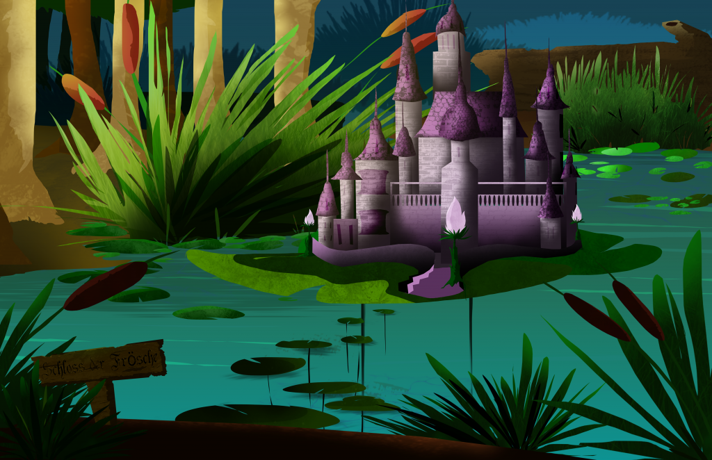 digital illustration frog castle swamp lily pads